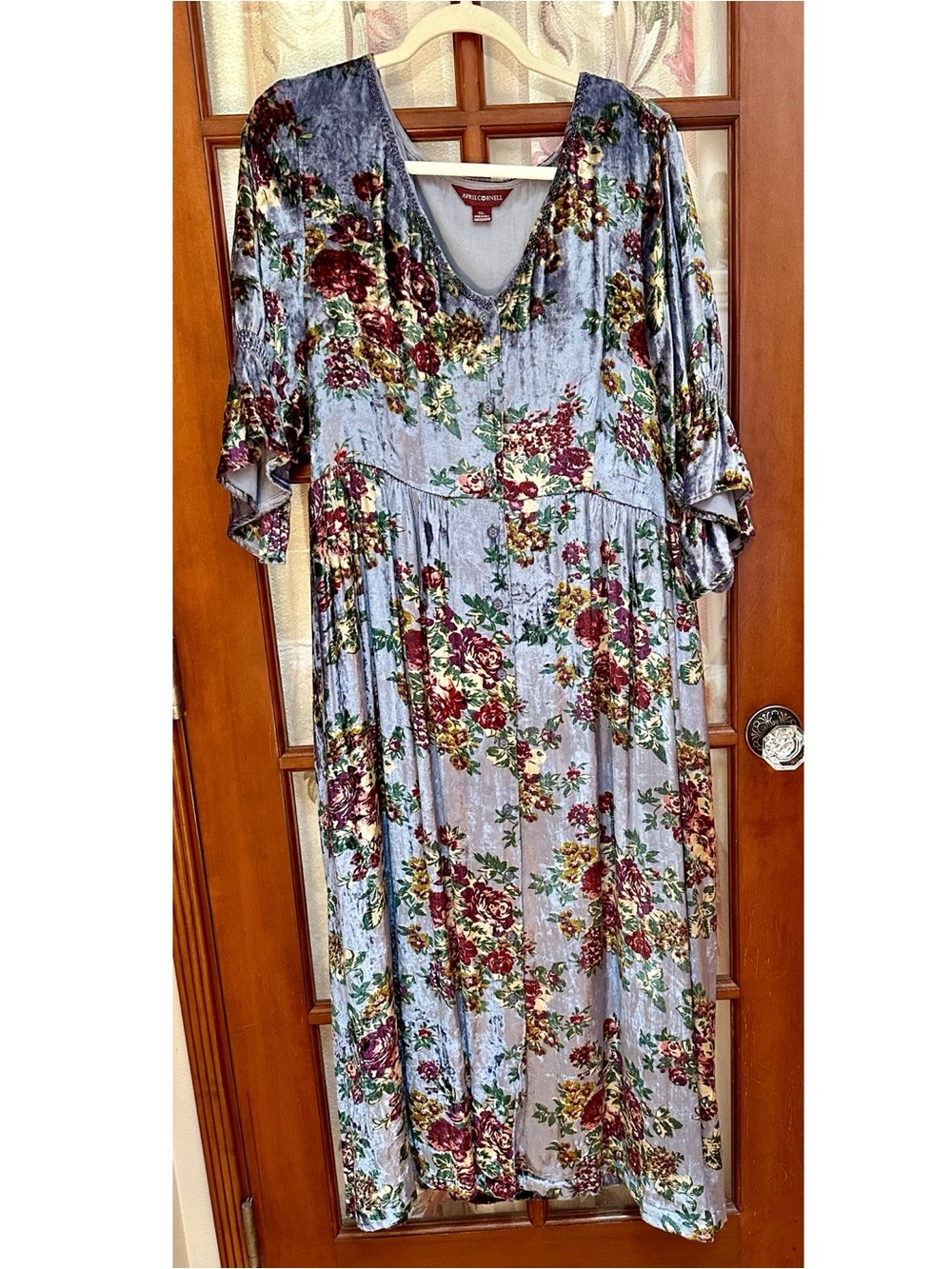 April Cornell Velvet Floral Maxi Dress - Light Blue with Burgundy and Green